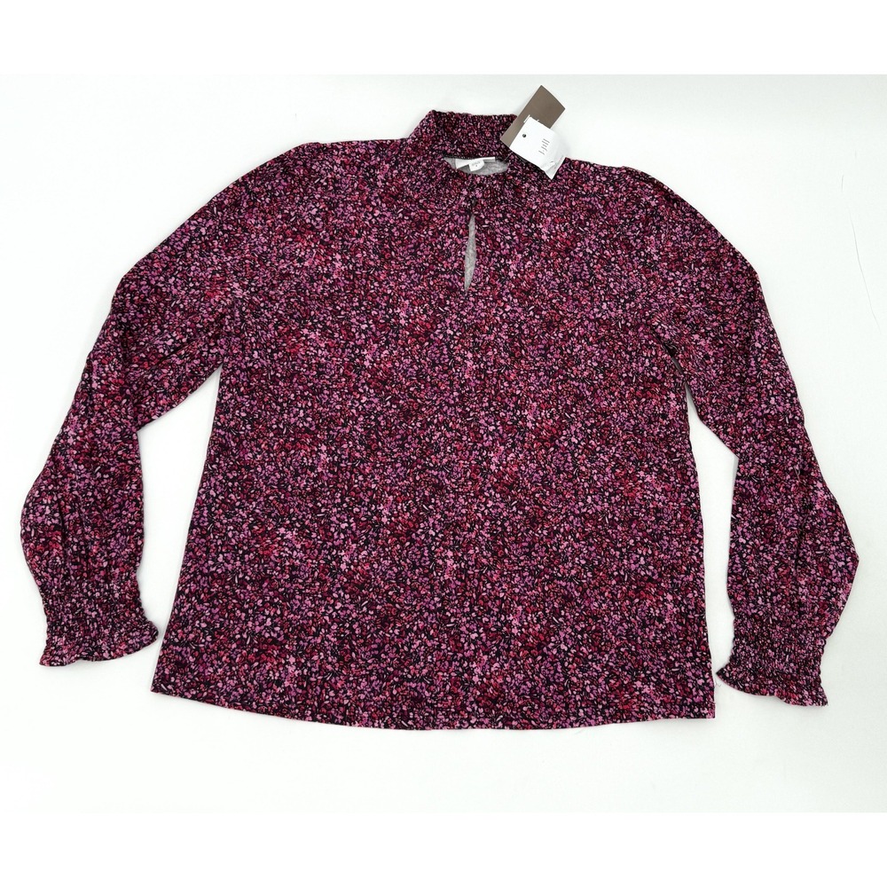 J Jill Shirt Womens Small Pink Purple Floral Ruffle Mock Neck Keyhole Stretch